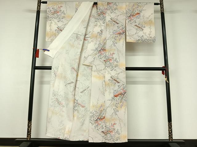 平和屋着物▽上質な小紋 単衣 舞扇文 金彩 正絹 逸品 AABH2302jh