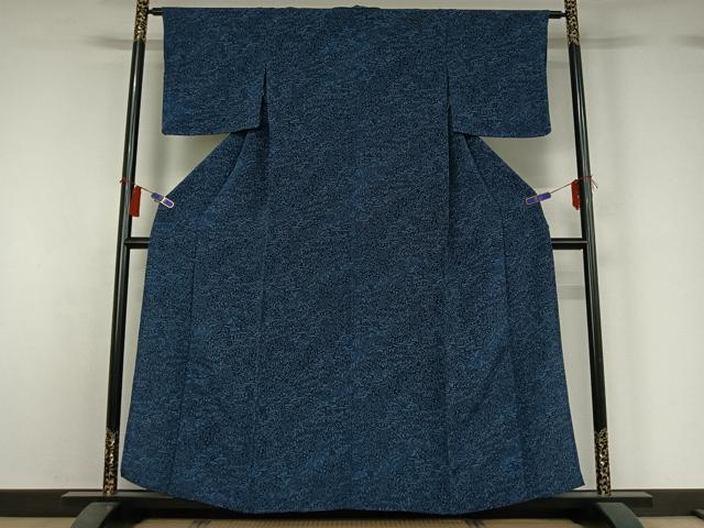 平和屋着物▽上質な小紋 単衣 藍 型染め 草花文 鬼しぼ縮緬 正絹 逸品 AABH2304jh