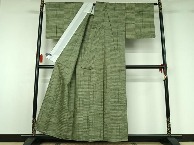 平和屋着物▽ており紬 単衣 横段文 反端付き 正絹 逸品 AABH2305jh