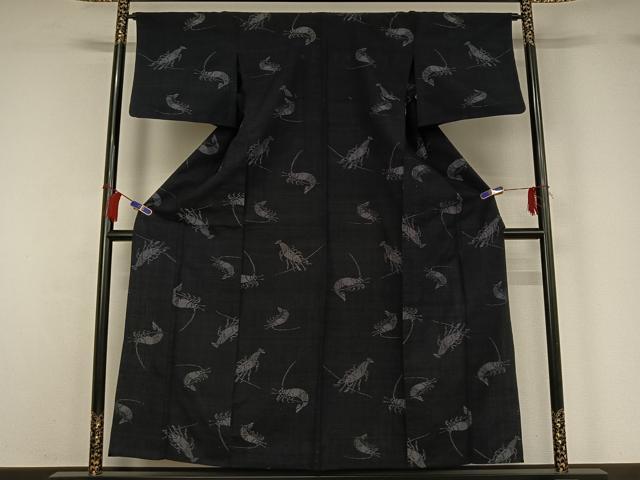 平和屋着物▽上質な紬 単衣 海老 黒地 正絹 逸品 AABH2310jh