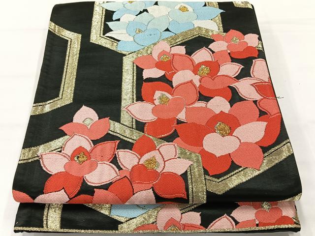 平和屋着物◎六通柄京袋帯 唐織 亀甲花文 黒地 金糸 正絹 逸品 AABH2378uk