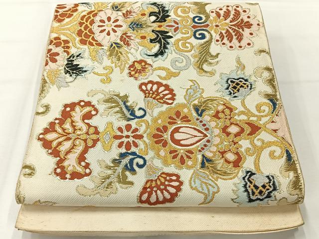 平和屋着物◎六通柄袋帯 唐織 更紗花文 金糸 正絹 逸品 AABH2426uk