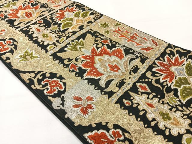 平和屋着物◎六通柄袋帯 唐織 更紗花文 黒地 金糸 正絹 逸品 AABH2439uk