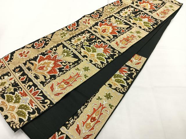 平和屋着物◎六通柄袋帯 唐織 更紗花文 黒地 金糸 正絹 逸品 AABH2439uk