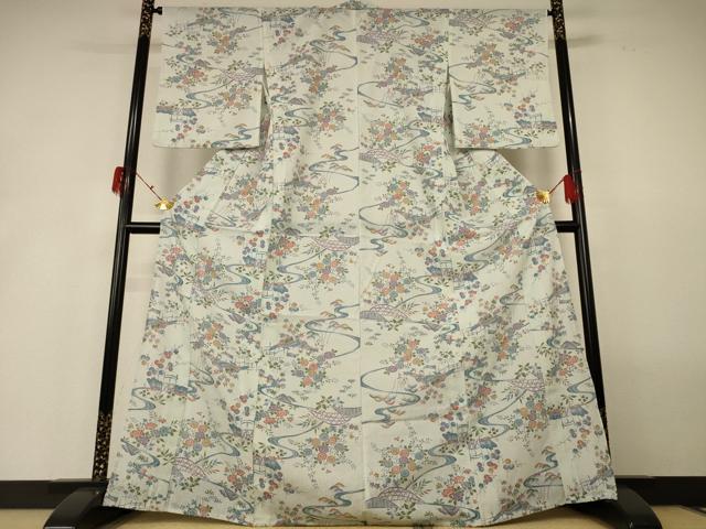 平和屋着物*夏物 小紋 紗 風景草花文 洗える着物 AABH2531jd