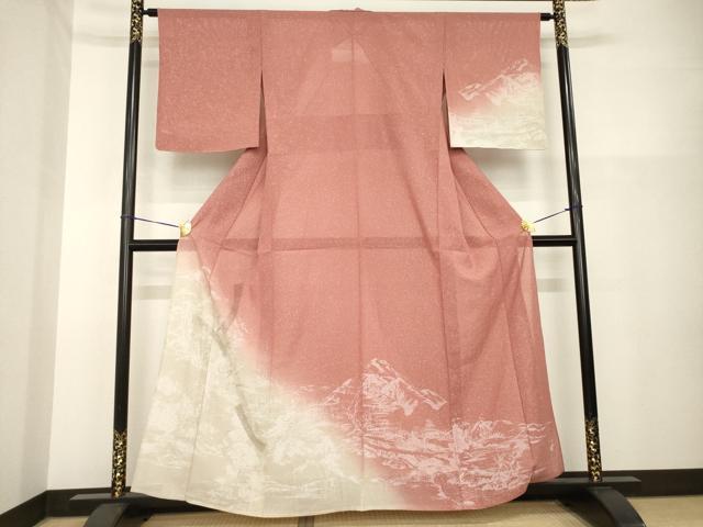 平和屋着物*夏物 小紋 絽 中国三大刺繍 汕頭刺繍 スワトウ刺繍 遠山風景文 暈し染め 銀糸 正絹 逸品 未使用 AABH2569ck