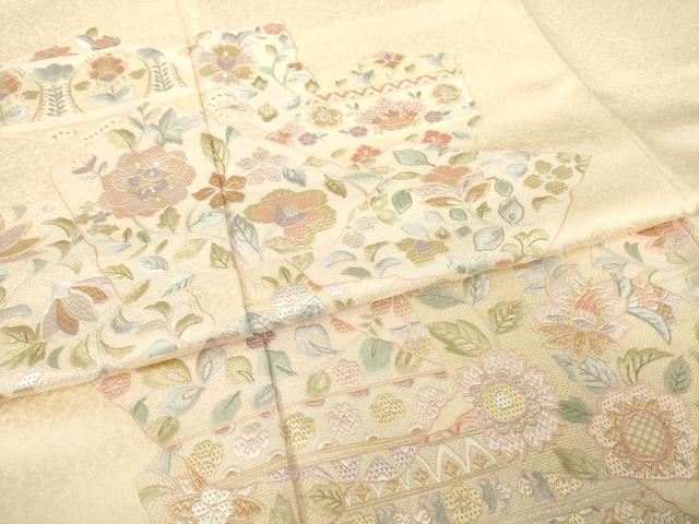 平和屋着物●訪問着 総刺繍 絽刺し 区限刺繍 更紗花文 正絹 逸品 AABH2611ck