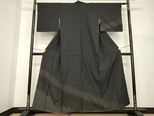 平和屋着物●紬 訪問着 流水文 黒地 正絹 逸品 AABH2621ck