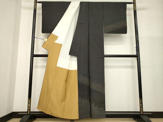 平和屋着物●紬 訪問着 流水文 黒地 正絹 逸品 AABH2621ck