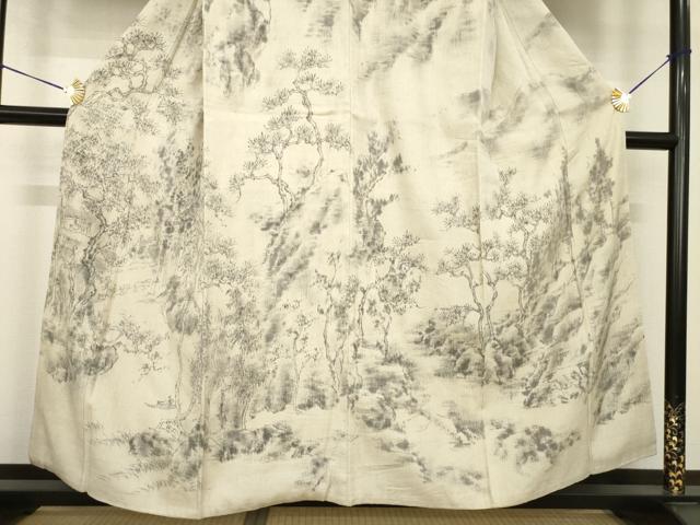 平和屋着物●訪問着 結城紬 手描き 風景文 正絹 逸品 AABH2623ck