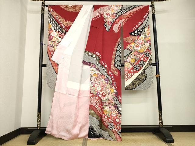 平和屋着物●豪華振袖・長襦袢(無双仕立て)セット 刺繍 御所車花文 金彩 正絹 逸品 AABH2625ck