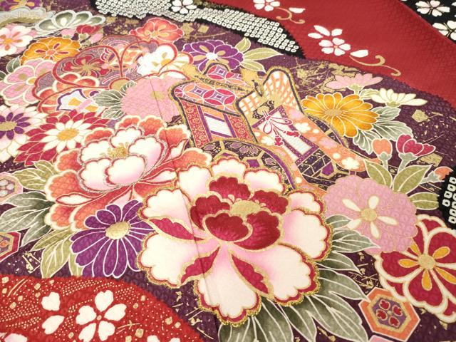 平和屋着物●豪華振袖・長襦袢(無双仕立て)セット 刺繍 御所車花文 金彩 正絹 逸品 AABH2625ck