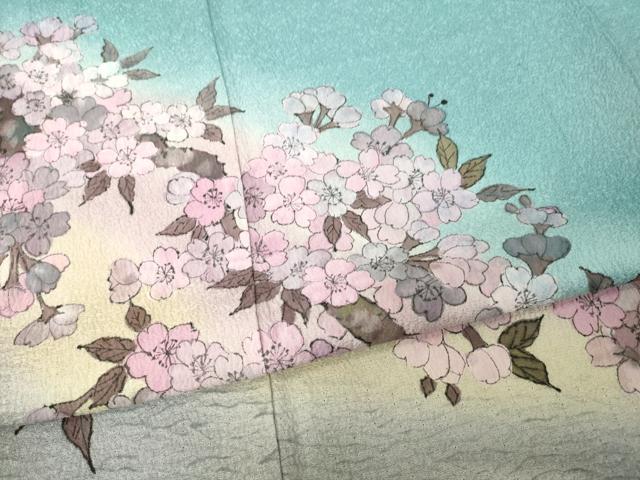 平和屋着物●絞り染色作家 藤井浩 訪問着 枝桜 暈し染め 反端付き 正絹 逸品 未使用 AABH2627ck