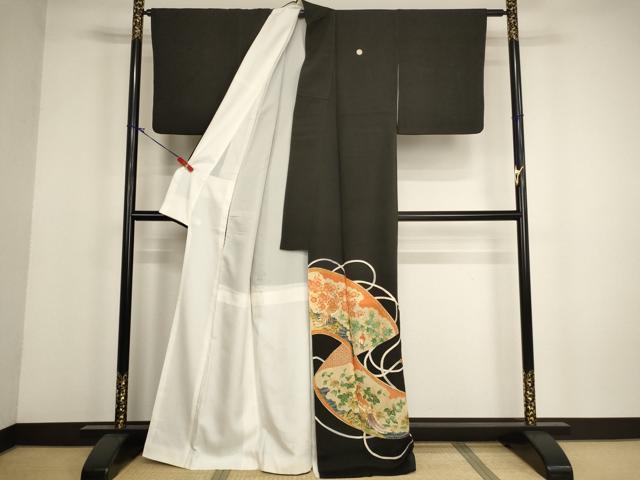 平和屋着物■豪華黒留袖 駒刺繍 孔雀花絵巻文 金彩 正絹 逸品 AABH2667ja