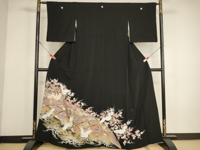 平和屋着物■豪華黒留袖 駒刺繍 飛鶴花文 松 梅 金銀彩 正絹 逸品 AABH2669ja