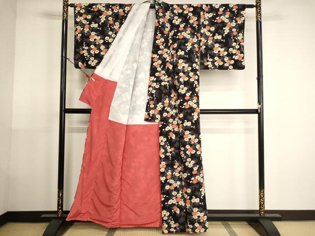 平和屋着物■小紋 枝梅文 黒地 洗える着物 AABH2721ja