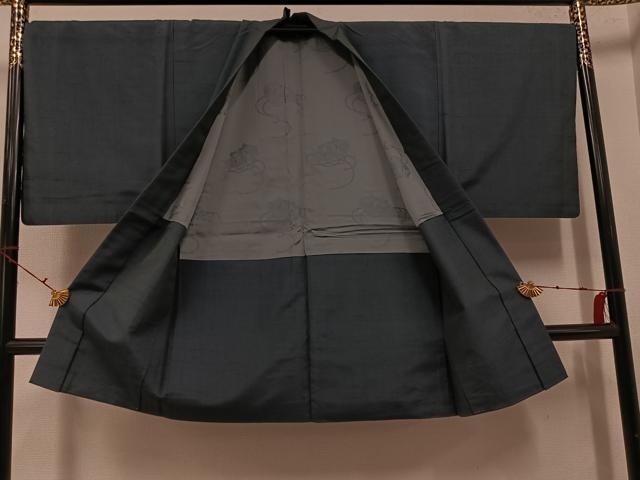 平和屋着物●男性 紬 アンサンブル 色無地 錆鉄御納戸色 正絹 逸品 AABH3027ph