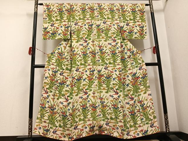 平和屋着物●訪問着 紅型 花鳥文 鬼しぼ縮緬 正絹 逸品 AABH3046ph