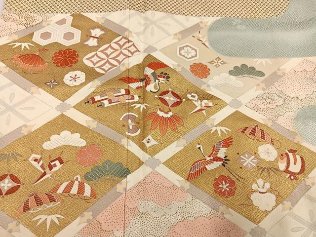 平和屋着物●訪問着 友禅 群れ鶴吉祥宝尽くし 暈し染め 金彩 正絹 逸品 AABH3074ph