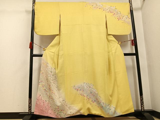 平和屋着物●訪問着 絞り 流水花文 暈し染め 銀糸 正絹 逸品 AABH3094ph