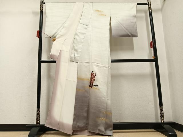 平和屋着物●訪問着 刺繍 女人舞扇花文 暈し染め 金彩 銀座秀粋 たとう紙付き 正絹 逸品 AABH3100ph