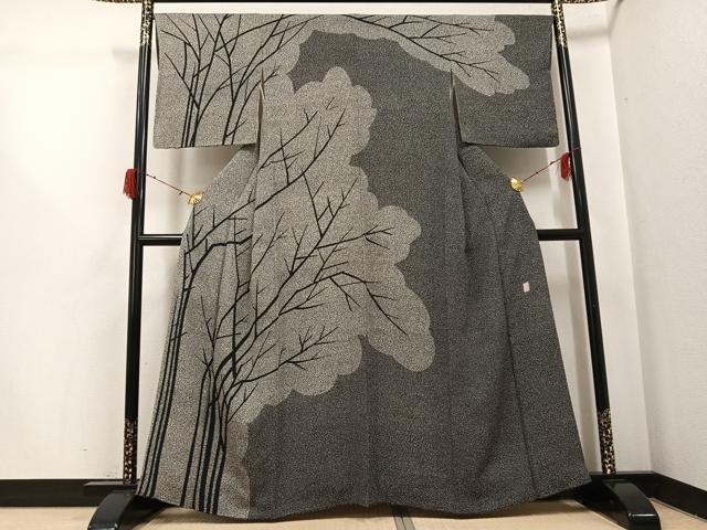 平和屋着物●二代目 川村久太郎 訪問着 樹林文 黒地 正絹 逸品 AABH3123ph