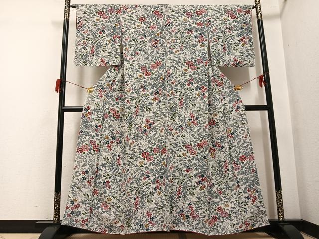 平和屋着物●上質な小紋 型染め 草花文 鬼しぼ縮緬 正絹 逸品 未使用 AABH3129ph