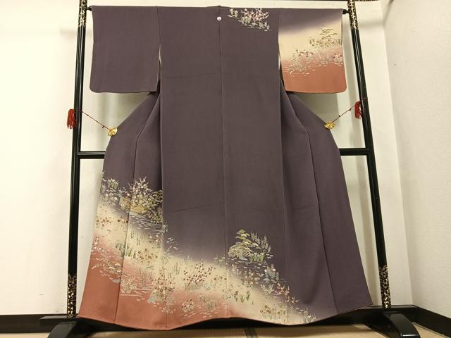 平和屋着物●訪問着 友禅 駒刺繍 流水草花文 暈し染め 金彩 鬼しぼ縮緬 正絹 逸品 AABH3130ph