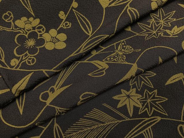 平和屋着物●上質な小紋 型染め 草花舞蝶文 黒緑色 正絹 逸品 AABH3135ph
