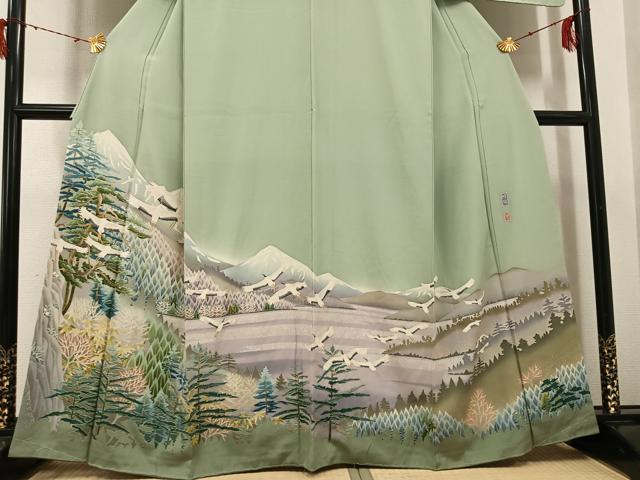 平和屋着物●本加賀友禅作家 西尾翆峰 色留袖 遠山群れ鶴樹林文 暈し染め 正絹 逸品 未使用 AABH3138ph