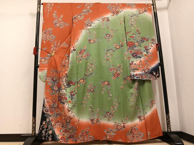 平和屋着物●豪華振袖 型染め 流水草花文 暈し染め 正絹 逸品 AABH3153ph