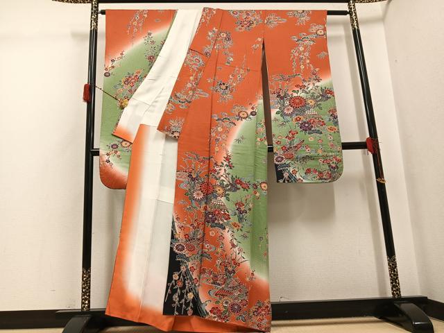 平和屋着物●豪華振袖 型染め 流水草花文 暈し染め 正絹 逸品 AABH3153ph