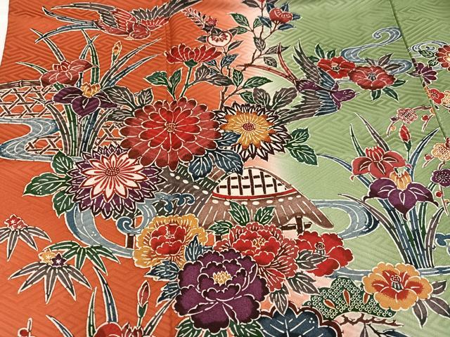平和屋着物●豪華振袖 型染め 流水草花文 暈し染め 正絹 逸品 AABH3153ph
