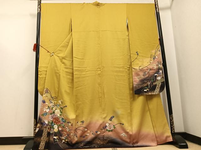 平和屋着物●豪華振袖 駒刺繍 御所車檜扇花文 暈し染め 金彩 正絹 逸品 AABH3155ph