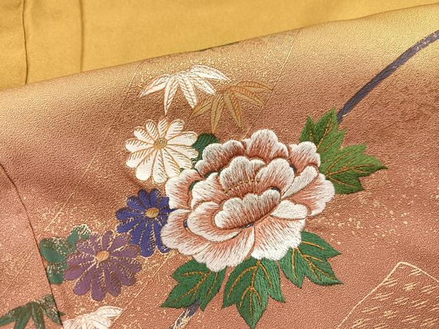 平和屋着物●豪華振袖 駒刺繍 御所車檜扇花文 暈し染め 金彩 正絹 逸品 AABH3155ph