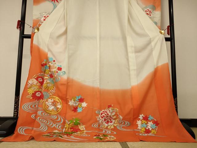 平和屋着物*夏物 振袖 絽 刺繍 流水草花文 洗える着物 AABH3225jd