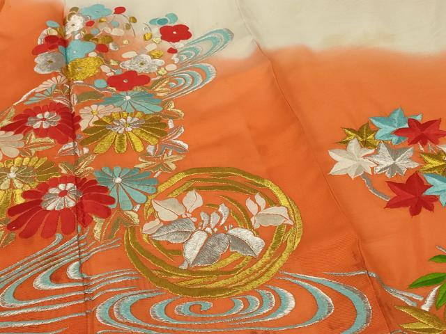 平和屋着物*夏物 振袖 絽 刺繍 流水草花文 洗える着物 AABH3225jd
