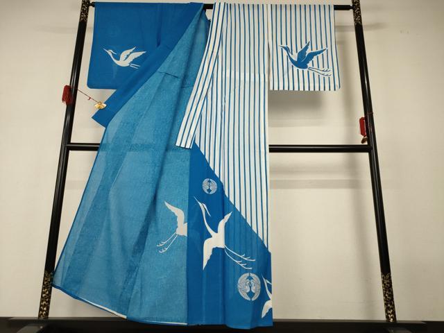 平和屋着物*夏物 訪問着 紗 舞鶴文 洗える着物 AABH3226jd