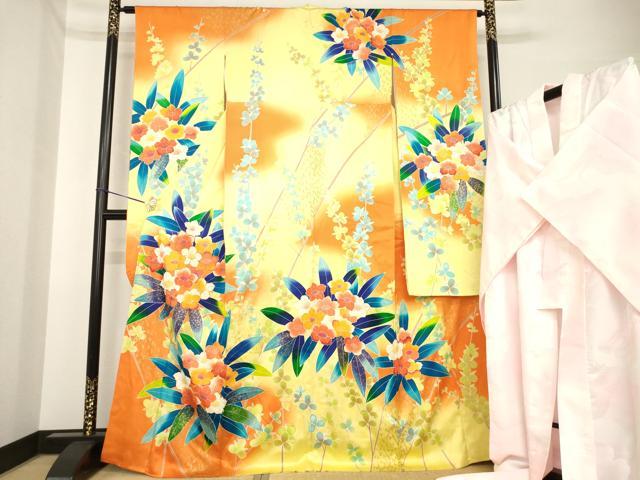 平和屋着物●豪華振袖・長襦袢(無双仕立て)セット 駒刺繍 草花文 暈し染め 金彩 正絹 逸品 AABH3294ck