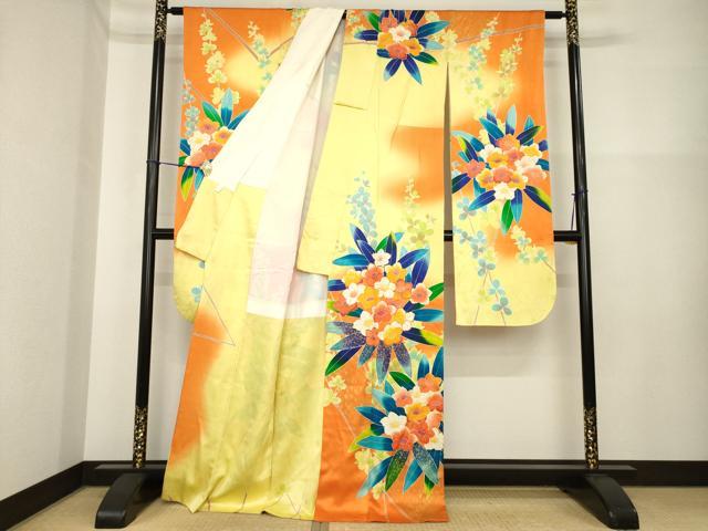 平和屋着物●豪華振袖・長襦袢(無双仕立て)セット 駒刺繍 草花文 暈し染め 金彩 正絹 逸品 AABH3294ck
