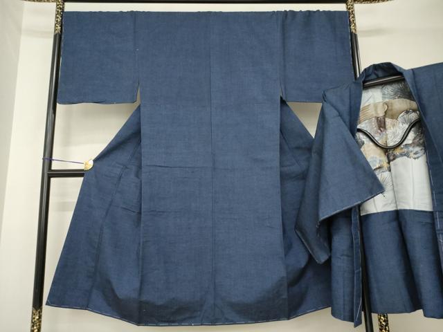 平和屋着物●男性 紬 アンサンブル 色無地 青褐色 正絹 逸品 未使用 AABH3338ck
