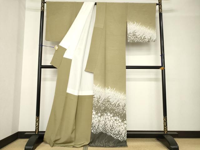 平和屋着物●訪問着 ぜんまい紬地 草花文 正絹 逸品 AABH3342ck