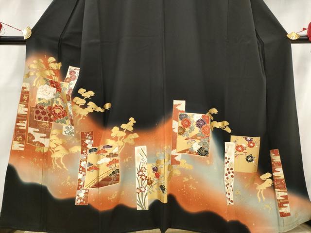 平和屋着物■豪華黒留袖 駒刺繍 色紙花文 暈し染め 金彩 正絹 逸品 AABH3395st
