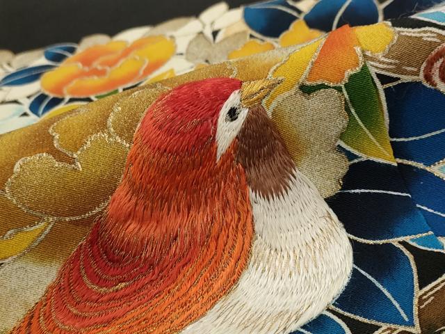 平和屋着物■豪華黒留袖 刺繍 花鳥文 金糸 正絹 逸品 AABH3421st