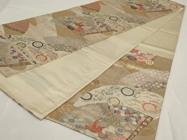 平和屋着物◎六通柄袋帯 唐織 扇面花鳥文 金銀糸 正絹 逸品 AABH3579ou