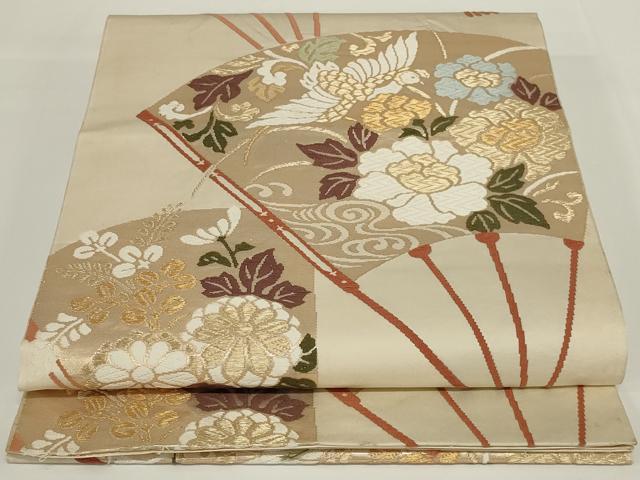 平和屋着物◎六通柄袋帯 唐織 扇面花鳥文 金糸 正絹 逸品 AABH3580ou