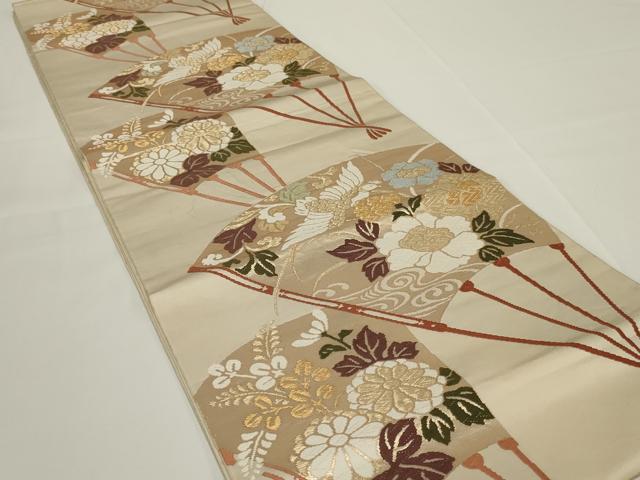 平和屋着物◎六通柄袋帯 唐織 扇面花鳥文 金糸 正絹 逸品 AABH3580ou