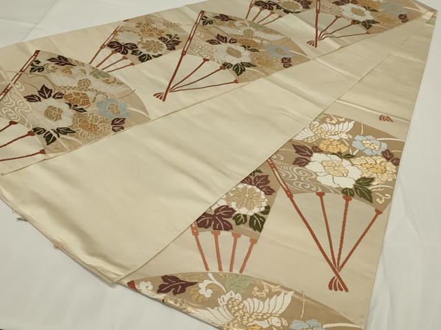 平和屋着物◎六通柄袋帯 唐織 扇面花鳥文 金糸 正絹 逸品 AABH3580ou