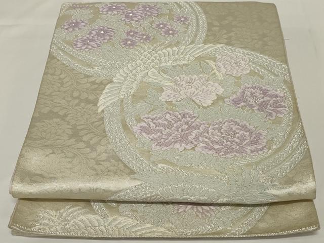 平和屋着物◎六通柄袋帯 唐織 花鳥丸文 銀糸 正絹 逸品 AABH3598ou