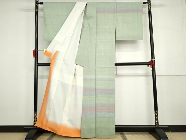 平和屋着物●訪問着 紅花紬 米沢 横段文 正絹 逸品 AABH3621cs